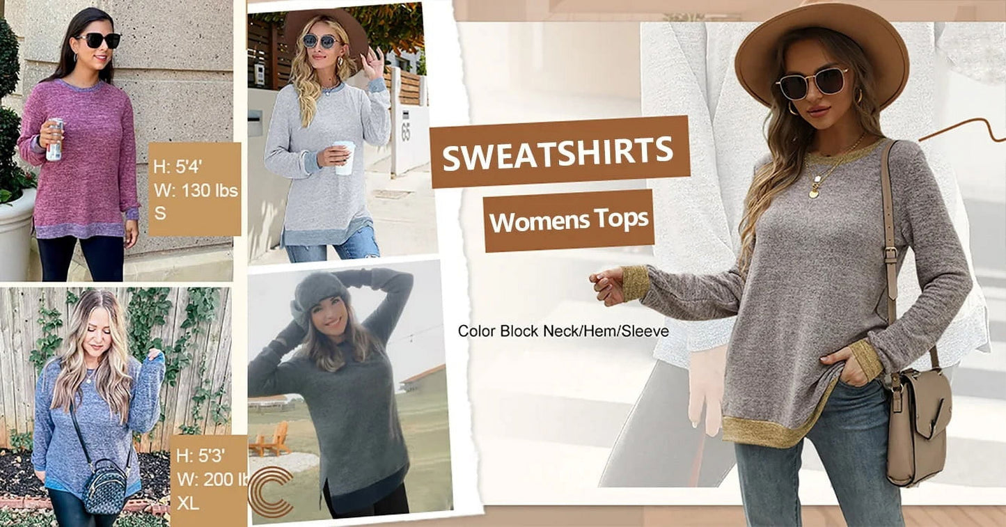Sweatshirt for Women Long Sleeve Tunic Tops Color Block Crewneck Sweatshirts Side Split