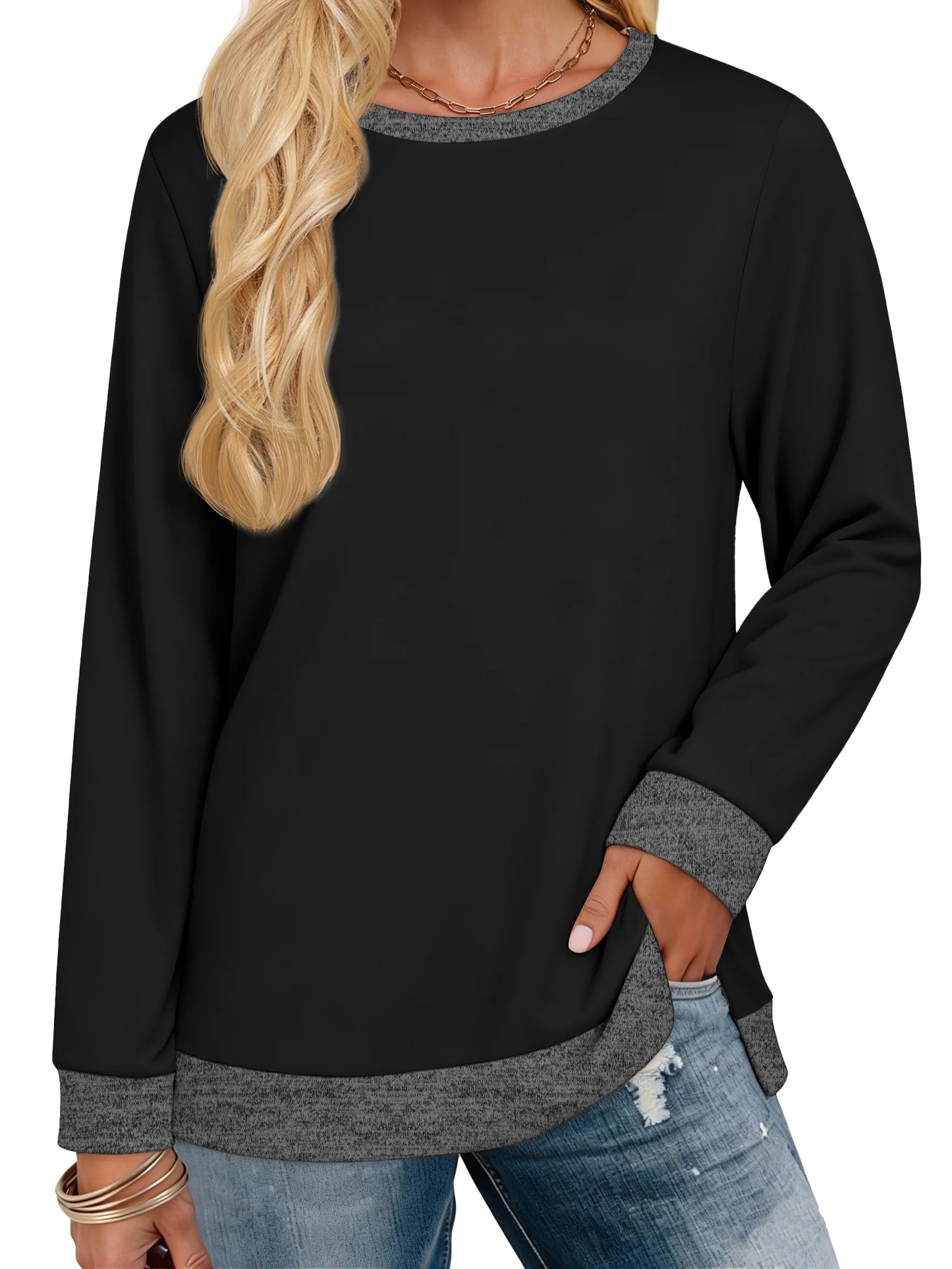 Sweatshirt for Women Long Sleeve Tunic Tops Color Block Crewneck Sweatshirts Side Split