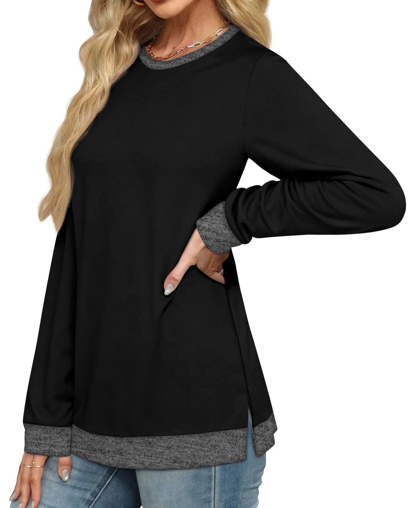 Sweatshirt for Women Long Sleeve Tunic Tops Color Block Crewneck Sweatshirts Side Split