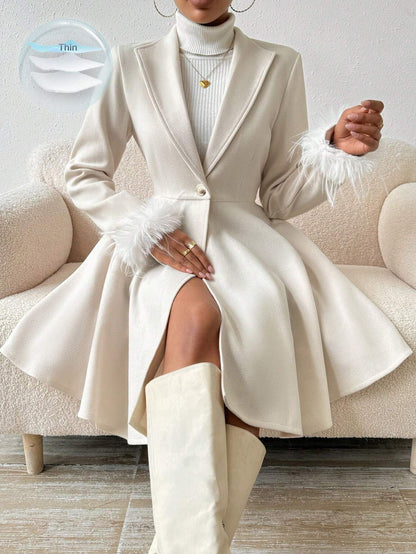 Rosydaze Solid Color Overcoat with Fringed Cuff and Single Button Closure Fall Winter Cloth for Women