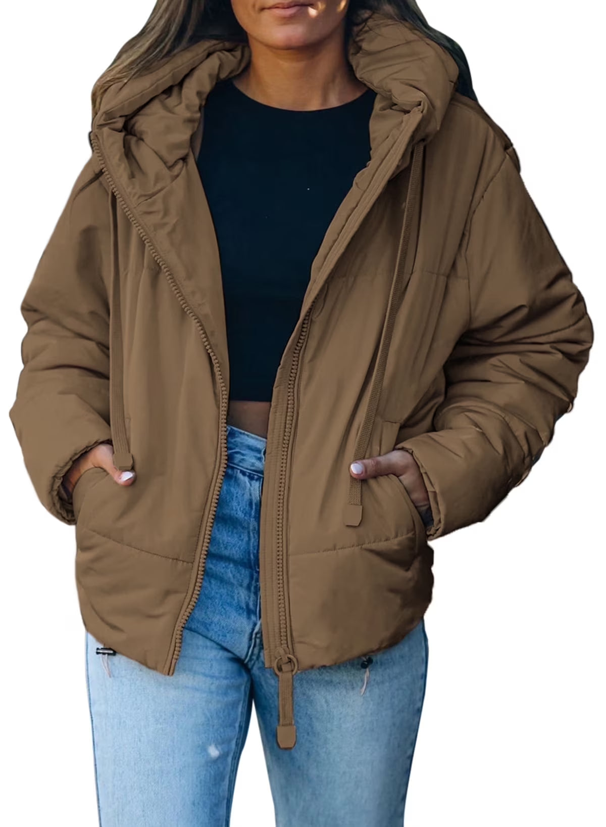 Full Zipper Puffer Jacket for Women Cropped Hooded Puffer Coat Winter Warm with Pockets Petite