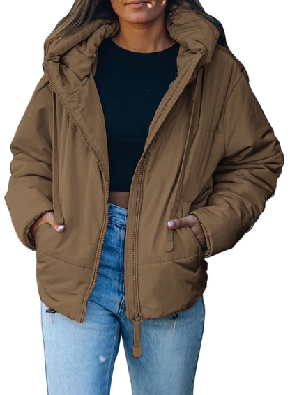 Full Zipper Puffer Jacket for Women Cropped Hooded Puffer Coat Winter Warm with Pockets Petite